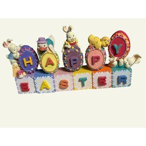 Happy Easter Figurine Decoration w/ Bunny  Chick Duck On Colorful Blocks